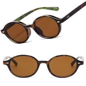 Green Tortoise Frame Brown Lens Retro Oval Sunglasses Small Round Trendy Unisex